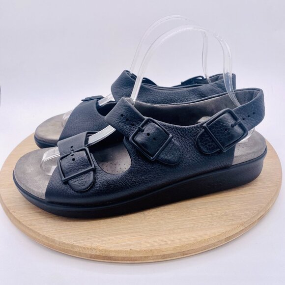 SAS Sandals Mens 12 Black Leather Slingback Double Strap Peep - Picture 6 of 11